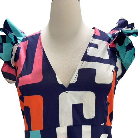 Diyanu Ruffle Sleeve Maxi Dress Geometric Print Bold Summer Statement Cotton - Picture 7 of 14